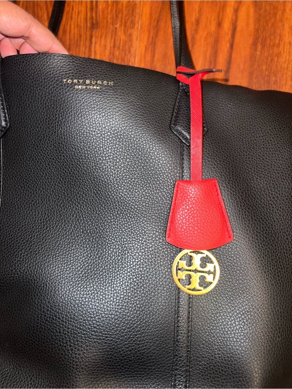 Tory Burch Black Leather Tote with Red Hanging Accent - Picture 3 of 10